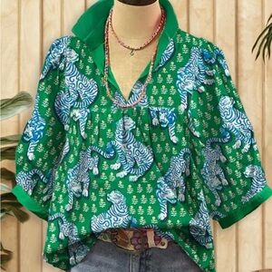 Green and Blue Boxy Polo Blouse with 3/4 Sleeves